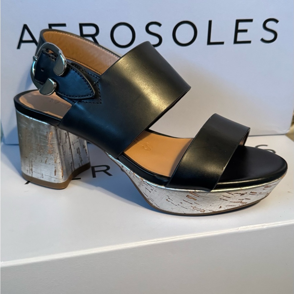 AEROSOLES Black and Silver/CORK Platform Sandals 5.5